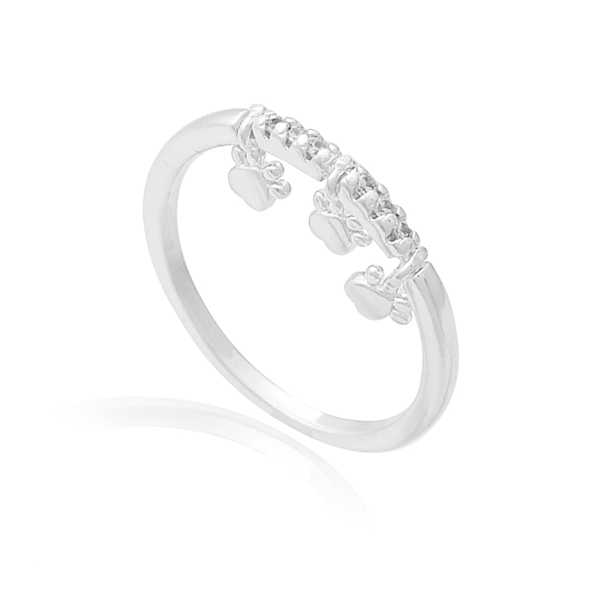 Anel Pets com Pendente Patinha Cravejado Zircônia Folheado Prata 1000 Anel Pets com Pendente Patinha Cravejado Zircônia Folheado Prata 1000